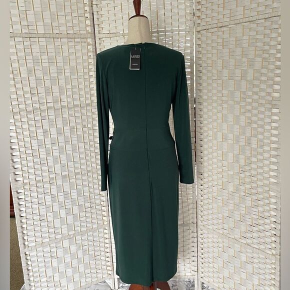 NWT Lauren Ralph Lauren green long sleeve dress with faux leather accent  size 4 - Picture 3 of 11